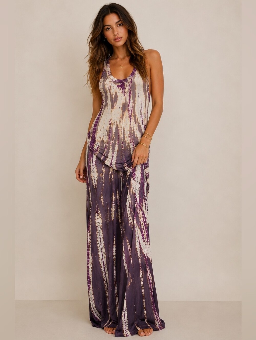 Young Fabulous & Broke Purple Tie Dye Draped Maxi Dress Boho Y2K Festival M Long